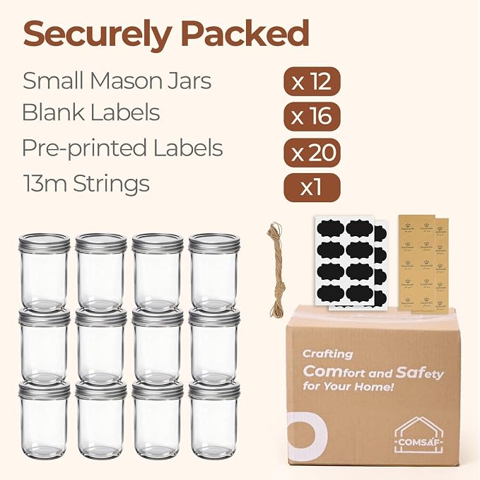 ComSaf 8 oz Mason Jars Bulk Set, 12 Pack Small Regular Mouth Jars with Lids | BPA-Free Materials, Half-Pint Portions, Small Jam, Jelly, Honey Sample, Spice Rack, DIY Candles, For Big Canning Project