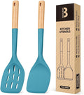 Pack of 2 Silicone Spatula, Non Stick Cooking Utensil Set Wooden Handle Kitchen Turner for Baking Mixing Grilling Serving Food Heat Resistant Non Scratch Hooks Included (Blue)