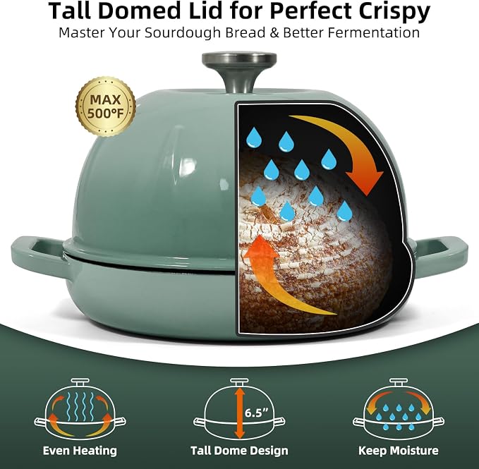 Davivy 5QT Enameled Cast Iron Dutch Oven Pot, Round Sourdough Dutch Oven, Bread Cloche for Sourdough Bread Pan with Domed Lid - Light Green