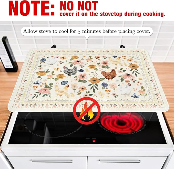 Boho Glass Stove Top Cover for Electric Stoves,Watercolor Chicken Hens Floral Farmhouse Stove Top Cover for Kitchen Decor,Heat Resistant Cooktop Protector Mat,Non-Slip Washable Dish Drying Mat 28"x20"