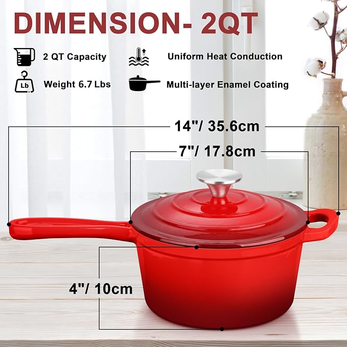 Enameled Cast Iron Sauce Pan with Lid, Leonyo 2 Quart Saucepan with Lid, Enamel Cast Iron Dutch Oven Kitchen Cookware for All Cooktops Making Pasta Sauce, Milk, Oatmeal - Up to 500°F & 6.7Lbs, Red