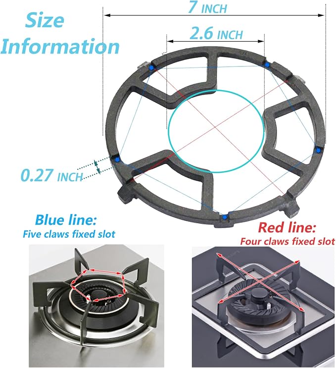 Non Slip Gas Ring Reducer, Burner Grate for Butter Warmer/Small Saucepan, Cast Iron Wok Support Ring- Compatible with Most Gas Stove Range Cooktop, 7 Inch, Black