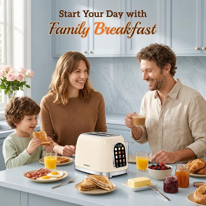 RONGBEST Retro 2 Slice Touchscreen Toaster with Stainless Steel Wide Slot for Breakfast Bread Bagel, Reheat & Defrost, 6 Browning Levels, Removable Crumb Tray, Cream Color