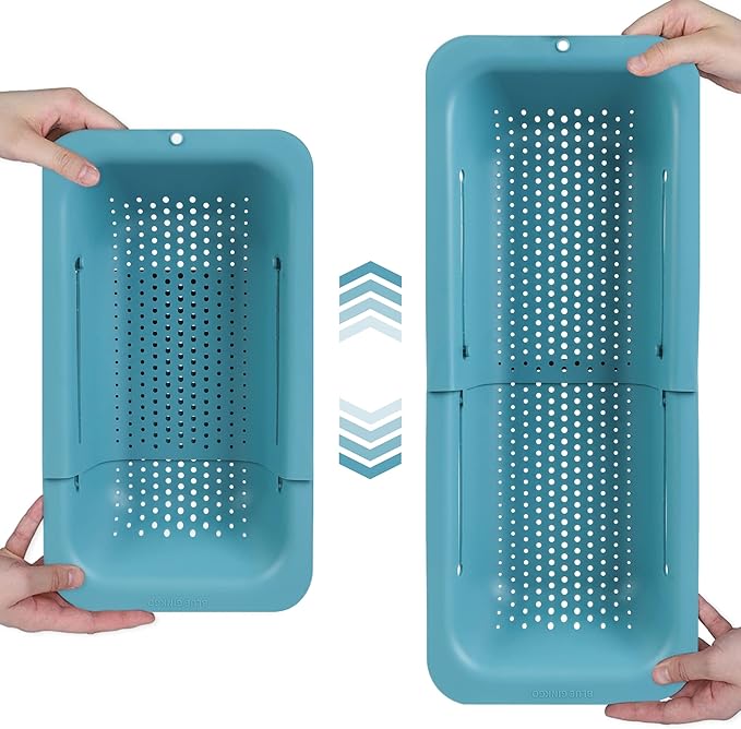 BLUE GINKGO Over the Sink Colander Strainer Basket - Wash Vegetables and Fruits, Drain Cooked Pasta and Dry Dishes - Extendable - New Home Kitchen Essentials (7.9 W x 14.5-19.5 L x 2.75 H) - Teal | Fits Most Sinks. Rinse, Drain and Dry with Ease.