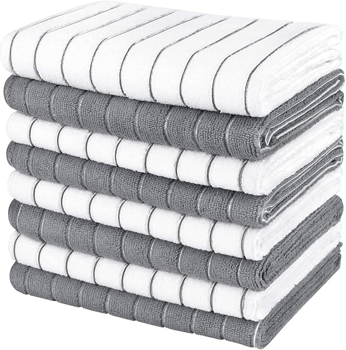 AIDEA Microfiber Kitchen Towels-8PK, Super Soft and Absorbent Dish Towels, Multi-Purpose Microfiber Kitchen Towels for Home, White/Grey, 15”x25”