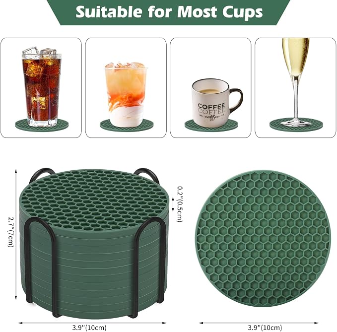 TWTLi Silicone Coasters Set of 12 with Holder — Non-Slip Drink Coasters for Coffee Table, Home Bar & Kitchen, Protects Wood & Marble Surfaces from Water Rings, Dishwasher Safe (12 Pcs, Green)