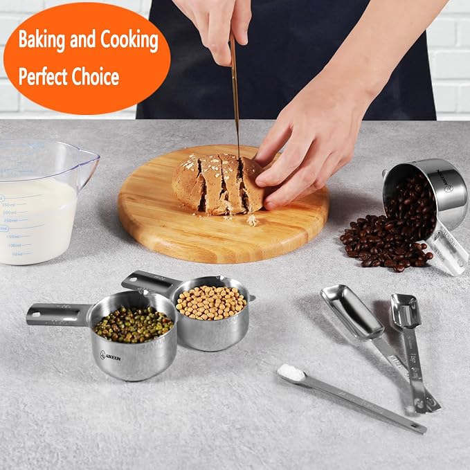 AIKEXIN 20 PCS Measuring Cups & Spoons Set, for Cooking & Baking Gadgets | 18/10 Stainless Steel, Metal Material | Nesting, Stackable Design | Dry & Liquid | Plastic | Leveler, Conversion Chart
