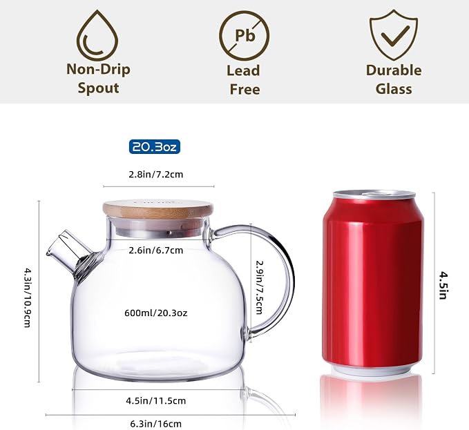 CnGlass Glass Teapot Stovetop Safe,20.3 oz Clear Tea pot with Removable Filter Spout,Loose Leaf and Blooming Tea Maker