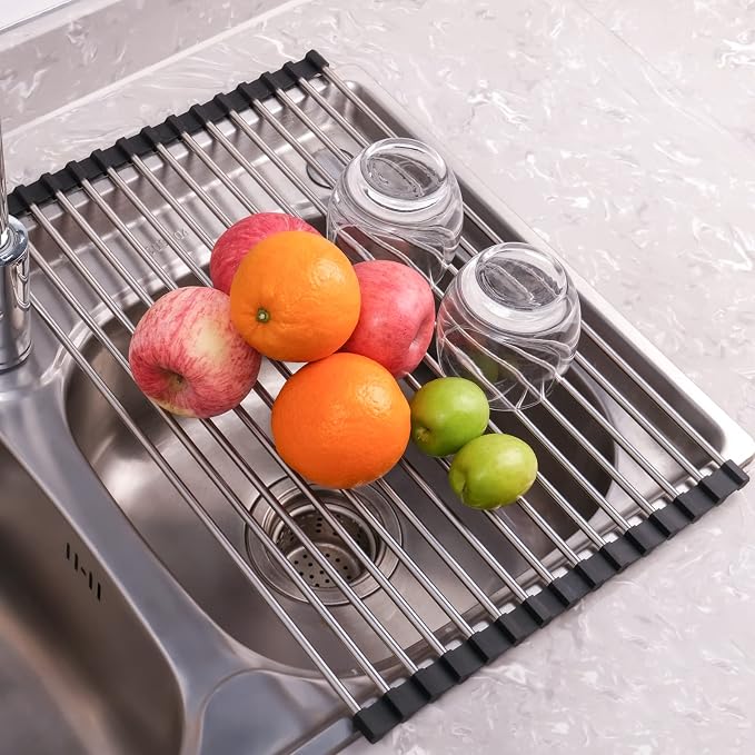 Seropy Roll Up Dish Drying Rack Over the Sink Drying Rack for Kitchen Counter, Rolling Dish Rack Over Sink Mat, Foldable Dish Drainer Stainless Steel Rack Kitchen Organization Gadgets 17.5"x11.8"
