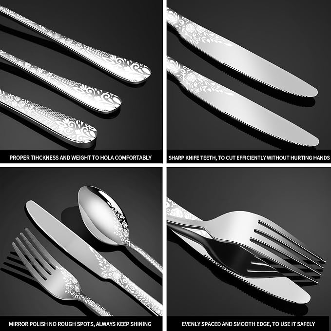 40 Piece Silverware Set, Stainless Steel Flatware Cutlery Set Service for 8, Mirror Polished Tableware Eating Utensils Set for Home Kitchen, Include Knife Fork Spoon Set, Dishwasher Safe