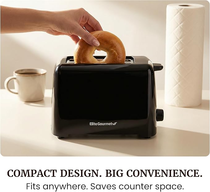 Elite Gourmet 2-Slice Cool-Touch Toaster, Extra-Wide 1.25" Slots, Black | 6 Browning Levels, Fits Bagels & Thick Bread, Cancel Function, Compact & ETL Certified