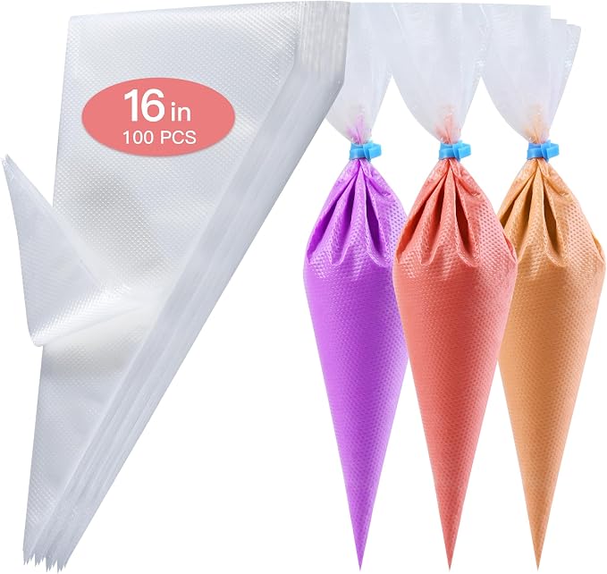 firstake Disposable Piping Bags 100pcs, 16 Inch Large Pastry Bags for Cake | Burst-Resistant Thickened, Food Grade Clear PE, Non-Slip Grip, Fewer Refills, Tipless for Frosting, Cookies, Royal Icing