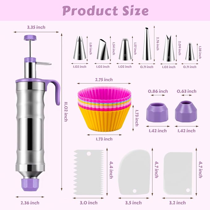Dessert Decorating Syringe Set, Stainless Steel Frosting & Icing Piping Kit with 6 Tips and 9 Silicone Cupcakes,3 Cream Scraper for Cake Decorating Tools Cupcake Decorating Kit (Purple)