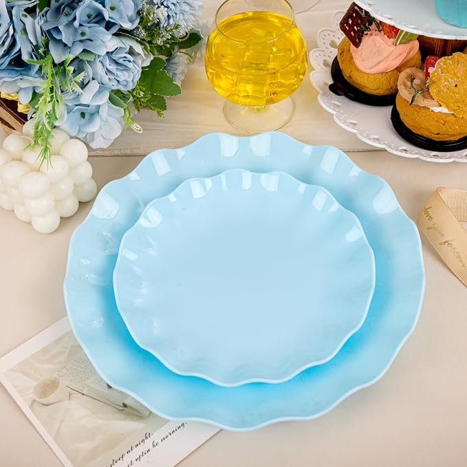 LIYH 24 Pcs Blue Plastic Plates Reusable - Unbreakable Light Blue Scalloped Plates,Dishwasher Safe Camping Plate for Parties,Birthday,Picnics,BPA Free (12Guests)