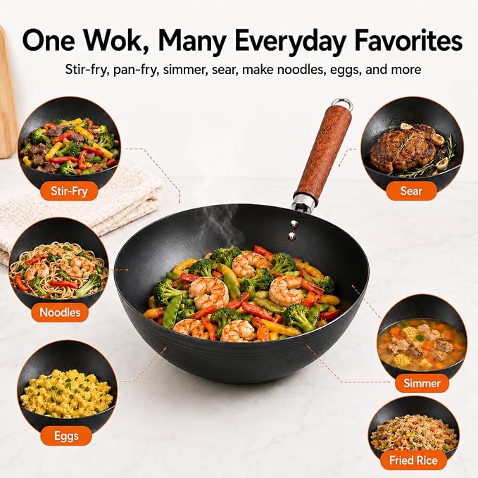 WANGYUANJI 10.24-Inch Carbon Steel Wok with Lid, Flat Bottom Small Wok Pan for 1–3 Servings, Uncoated Stir Fry Pan, Glass Lid, Induction/Gas/Electric Compatible, Wood Handle, Black