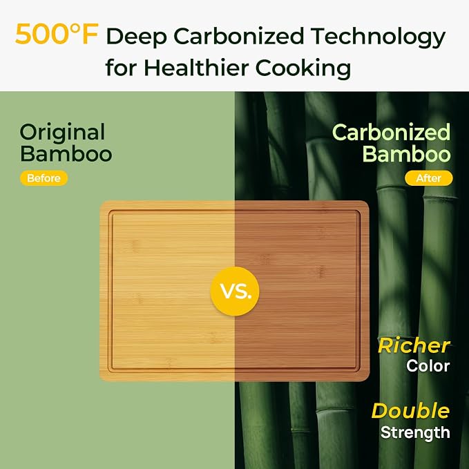 Keechee Carbonized Bamboo Cutting Board for Kitchen, XL Chopping Block | Non Toxic, Resisted-Cracking&Curling, Deep Juice Groove, Side Handles,Cross-Laminated Structure, Knife-Friendly