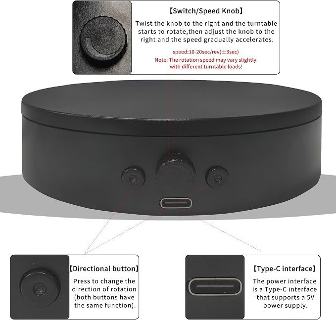 Rotating Display Stand Easy to Switch Direction, Spinning Platform Adjustable Speed, 360 Degree Motorized Photography Turntable for Jewelry, Shoes Display and Shooting, Lazy Susan(4.53" black)