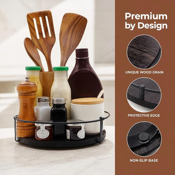 Lazy Susan Turntable Organizer for Table Top 10" （Black） | Round Wooden Lazy Susan for Cabinet, Farmhouse Decorative Tray for Coffee Table, Kitchen Organizer, Center Piece Decor, Ru