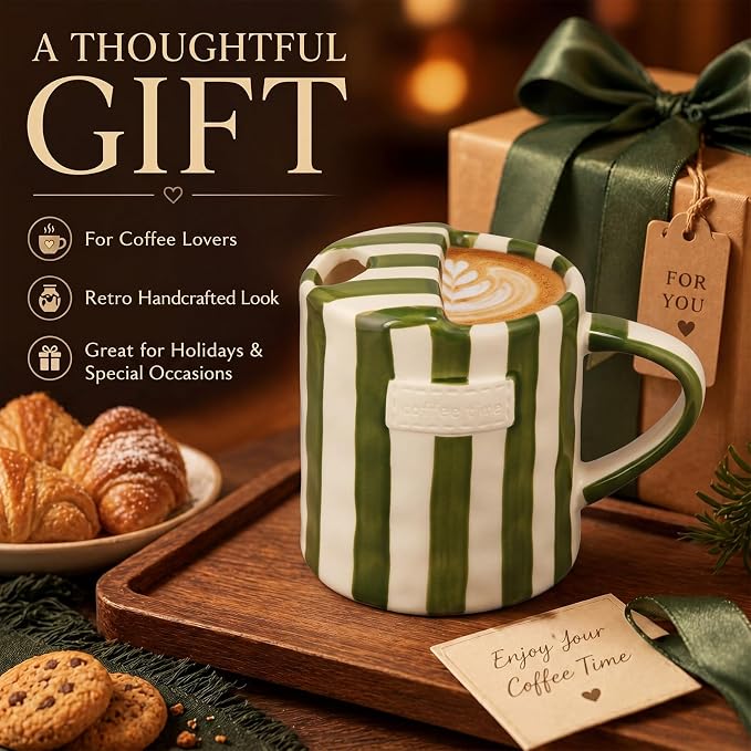 1 Pack Ceramic Mug with Sip Hole, Handle, Green | 10oz Ceramic Coffee Cup with Straws, Retro Hand Painted Striped, for Iced Coffee Tea Latte Espresso, Kitchen Dining Travel