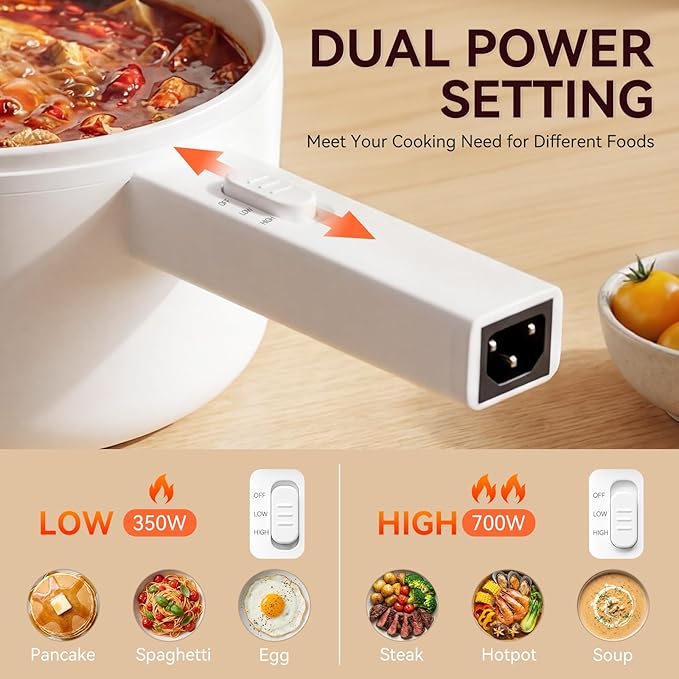 Electric Hot Pot, 1.5L Mini Electric Pot with Ceramic Non-stick Coating | Dual Power Control Electric Pot for Cookin Steak, Egg, Fried Rice, Soup,Ramen Cooker for Dorm, Travel, Camping, RV