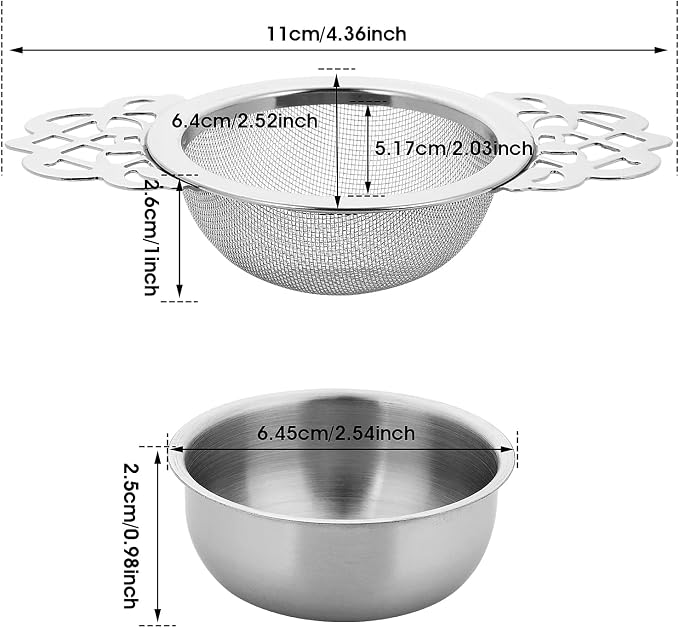 2 Pack Small Fine Mesh Tea Strainers with Bowl, Stainless Steel Loose Tea Infusers Strainers 7 cm Diameter Tea Filter with Double Wing Extender Ideal for Loose Tea Juice Coffee Filter