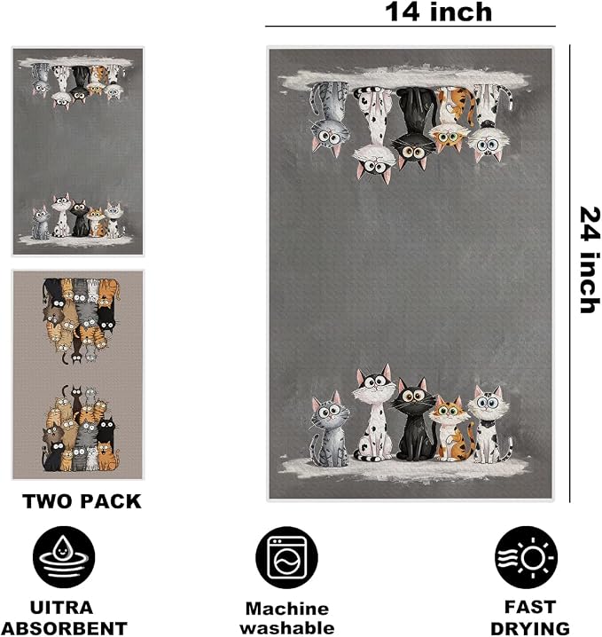 Jztco 2 Pcs Cute Cat Kitchen Towels, Cats Gifts Absorbent Hand Tea Towel