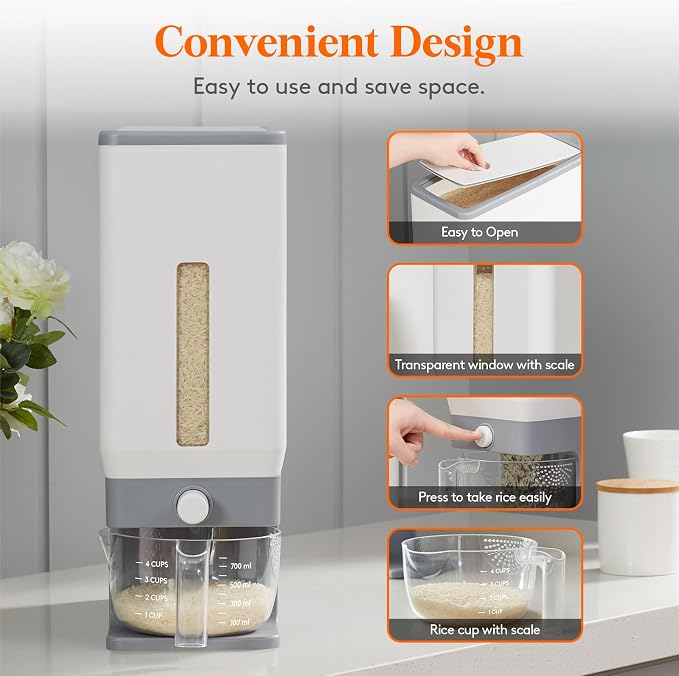 Lifewit Rice Dispenser 25 Lbs, Airtight Storage with Cup, 2 Pack Grey | BPA-Free 11.3kg Capacity Storage Container for Beans, Corn & Other Small Grains, One-Press Dispensing Bin for Kitchen Pantry