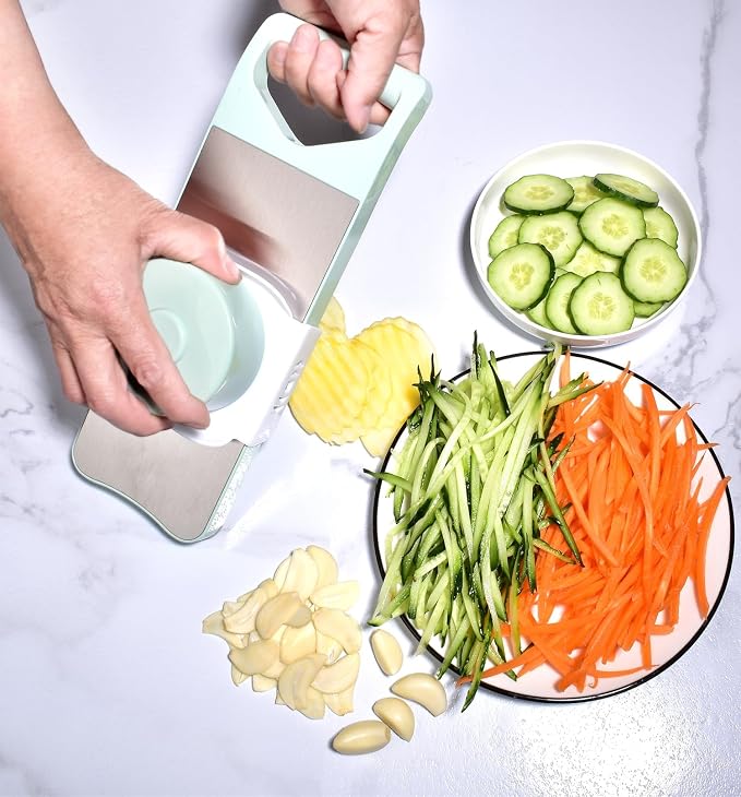 NACOLUS 6-Blade Mandoline Slicer for Kitchen,Handheld Vegetable Slicer | stainless steel surface,straight slicer 1/3mm,shredder 2/3mm,waffle fry cutter,grater,finger-safe hand guard,garlic slicer