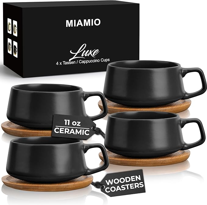MIAMIO - Cappuccino Cup Set of 4, Ceramic (9.5oz) - Luxe (Black) | Ceramic cappuccino cups and saucers, wide latte cups and mugs for Americano, 4-piece set of ceramic cups - dishwasher safe