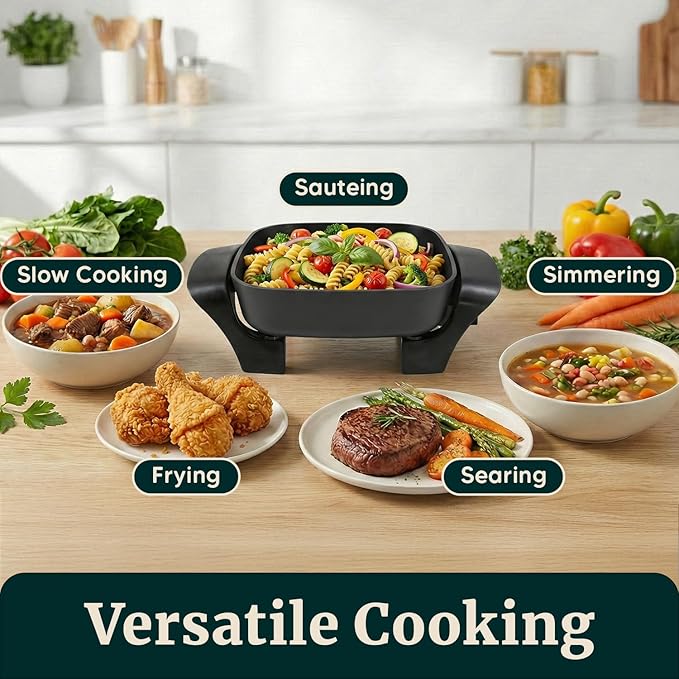 Elite Gourmet EG808 Compact Non-Stick Electric Skillet, 8"x8" 2.5Qt, Black | Tempered Glass Lid, Removable Thermostat, 200-400°F Range, Dishwasher Safe, 600W, for Eggs, Bacon & One-Pot Meals