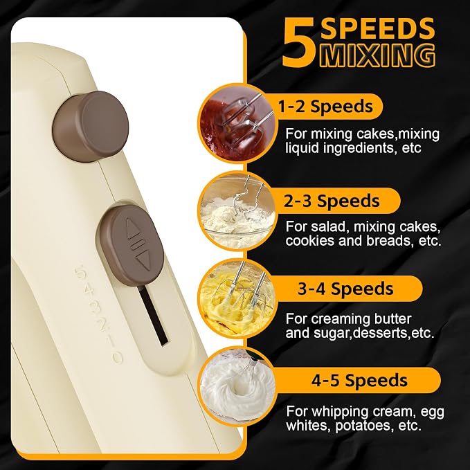 Lord Eagle 5-Speed Hand Mixer Electric With 4 Mixing Bowls Set | 300W Lightweight Kitchen Handheld Mixer with Measuring Cups & Spoons, Stainless Steel Bowls, Baking Supplies for Cake, Cream