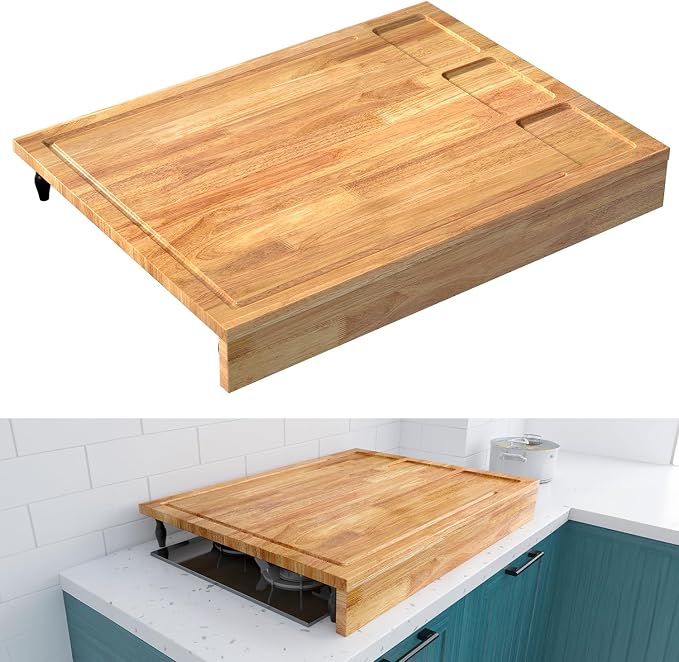 Extra Large Solid Wooden Cutting Board and Stovetop Cover, 3 in 1 Stove Top Cover Chopping Board with Detachable Legs and Juice Groove, Sink Cover Board