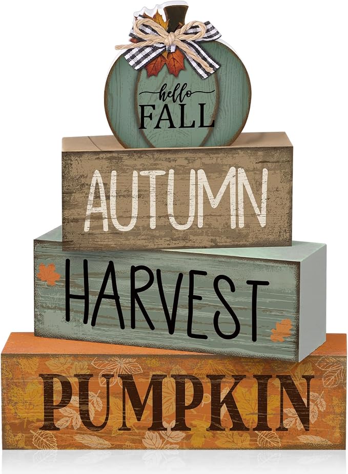 Lineshading 4 Pcs Fall Wood Block Signs Pumpkin Harvest Tiered Tray Decor | Stackable Rustic Blocks with Pumpkin Topper, Autumn Harvest Prints, Farmhouse Tabletop Centerpiece for Seasonal Decor