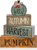Lineshading 4 Pcs Fall Wood Block Signs Pumpkin Harvest Tiered Tray Decor | Stackable Rustic Blocks with Pumpkin Topper, Autumn Harvest Prints, Farmhouse Tabletop Centerpiece for Seasonal Decor