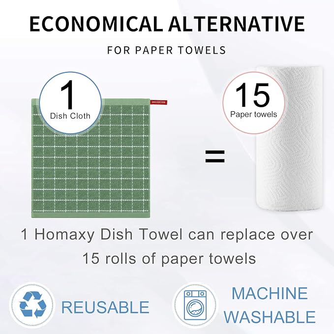 Homaxy 100% Cotton Terry Kitchen Dish Cloths, 6 Pack, Grass Green | Ultra Soft and Absorbent, Suitable for Drying and Washing Dishes