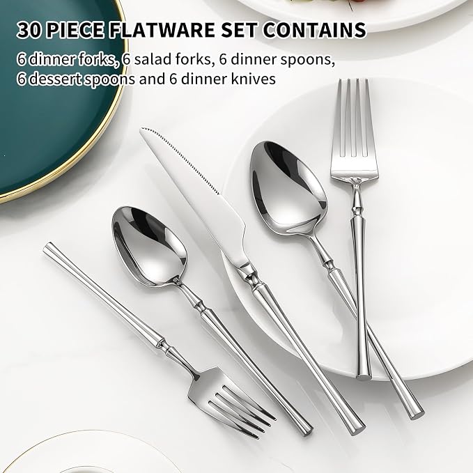 Lazycorner 30 Pcs Silverware Set Flatware Set 18/10 Stainless Steel Utensils Forks and Spoons Mirror Finish Cutlery Set for Restaurant Hotel Party Dishwasher Safe
