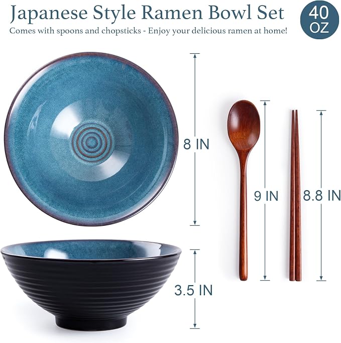 Ceramic Japanese Ramen Bowl Set, 2 Sets Asian Pho Udon Soup Noodle Bowls with Spoons and Chopsticks (Starry Blue, 8 inches)