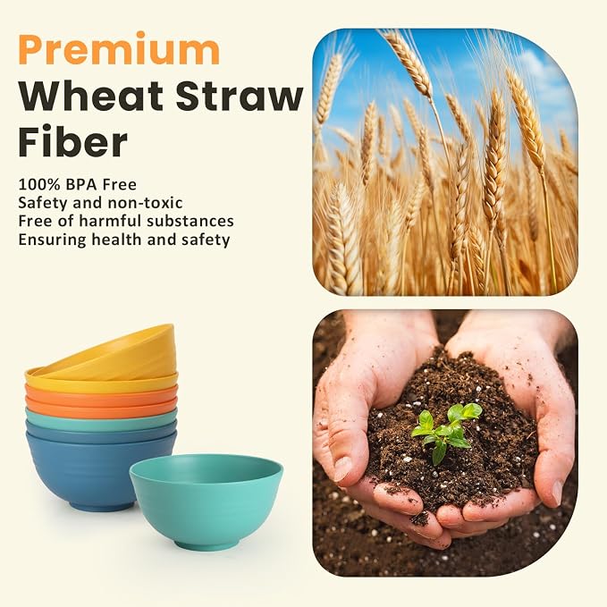 Plastic Bowls Alternative, Unbreakable Wheat Straw Cereal Bowls 8 PCS - Microwave & Dishwasher Safe Bowl for Cereal, Snack, Rice, Salad, Soup Bowls for Kitchen, Camping, Party(Muliti,26 OZ)