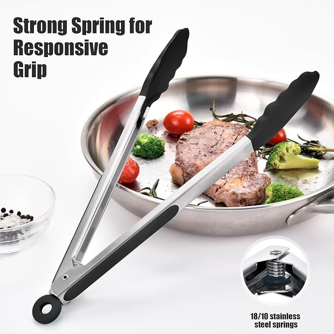 Doosu Kitchen Tongs with Silicone Tips for Cooking Serving (12in, Black) | 600°F Heat Resistant Food Tong, Heavy Duty Stainless Steel Locking Tong for BBQ, Grilling Steak, Salad, Toast, Pasta