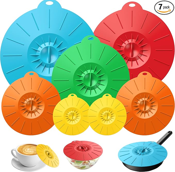 7 Pack Silicone Lids Microwave Splatter Cover, 5 Sizes Reusable Heat Resistant Suction Lids for Bowls Plates Pots Pans Oven Fridge, BPA Free, Ideal Mother's Gift