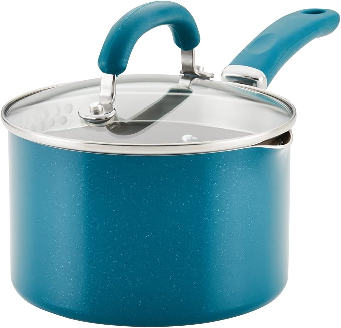 Rachael Ray Create Delicious Nonstick Induction Saucepan with Straining Lid, 2 Quart, Teal Shimmer