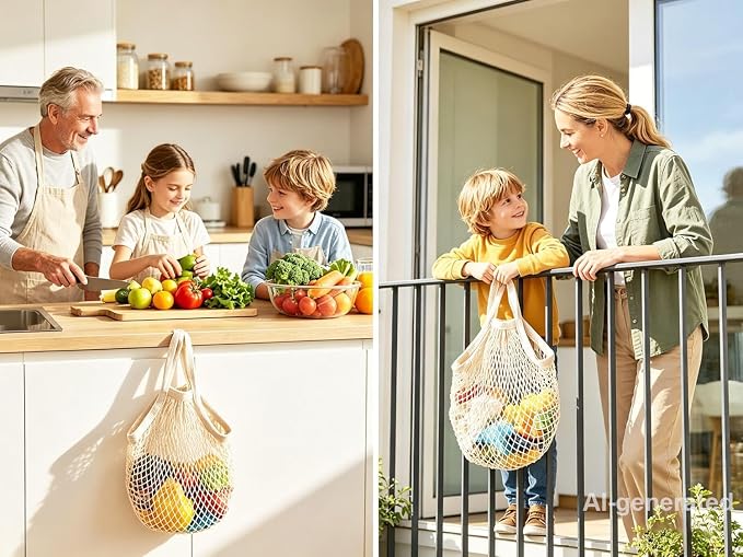Ahyuan Reusable Cotton Mesh Grocery Bags Cotton String Bag Net Shopping Mesh Bags Pack of 3 (Beige)