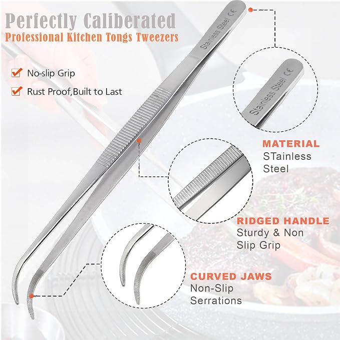 Professional Culinary Stainless Steel Precision Tongs with Serrated Tips, Plating/Food Presentation Detailing Serving Tongs, Chef's Kitchen Tweezer Tongs - Ultra Non-Slip Grip (8 Inch Curved)