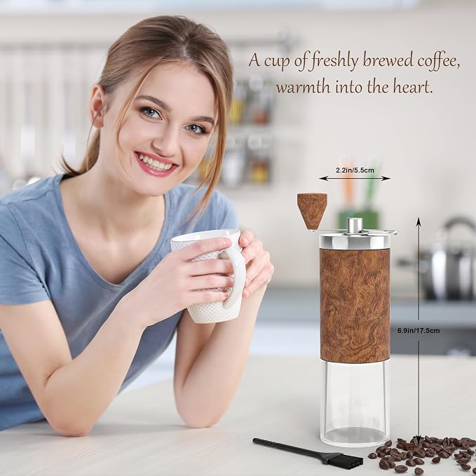 Manual Coffee Grinder, Portable Coffee Grinder, Burr Mill, Foldable Crank | Fine-to-coarse grind adjustment, stainless steel body, clear grounds cup and cleaning brush for home, office or travel.