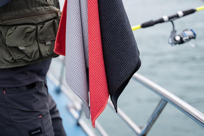 Microfiber Fishing Towels with Clip, Waffle Pattern for Effective Cleaning of Fishing Gears or Dirty Hands, 16” x 16”, Camping Towels, Hiking Towels, Pack of 3 (Black/Grey/Red)