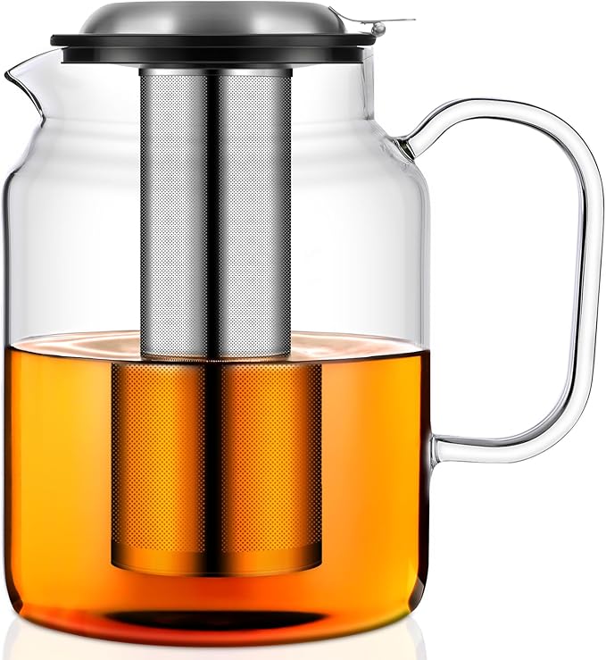 Aquach 85oz Glass Teapot with Infuser, Stovetop Safe Borosilicate Tea Pot | Dishwasher Safe, Plastic-free, Lead-free Material, Extra-Large Family Capacity, Precise Loose Leaf Filter