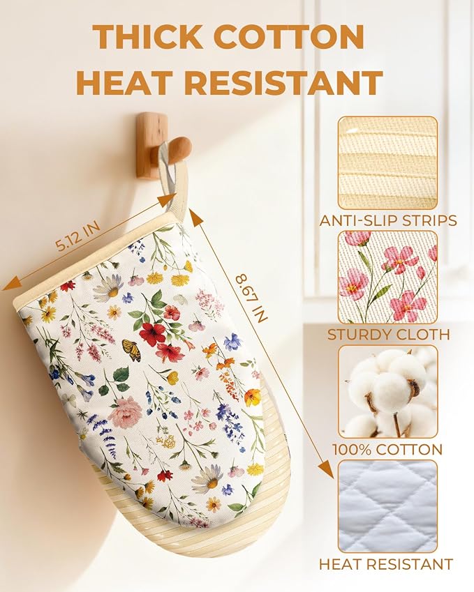 Slohif Vintage Floral Mini Oven Mitts Set – Beige Extended Short Heat Resistant Kitchen Gloves for Women, 100% Cotton Oven Mitts with Silicone Grips, Non-Slip and Thick Durable for Cooking & Baking
