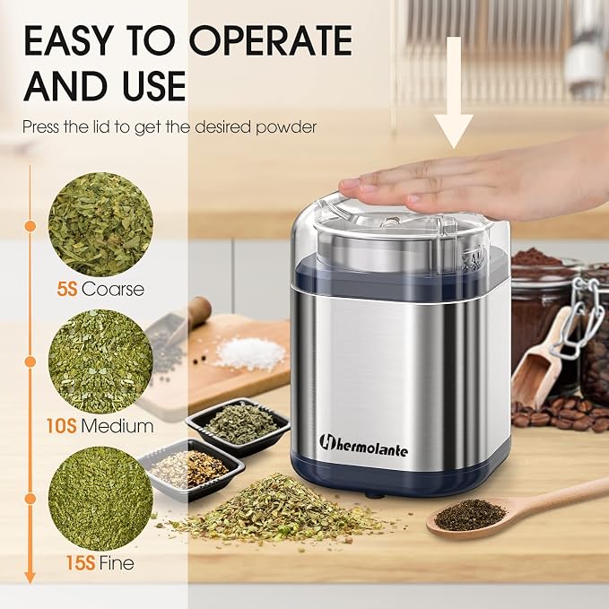 Hermolante Herb Grinder Spice Grinder, 200 w Herb Grinder with Stainless Steel Blade and Cleaning Brush, Compact Size Electric Grinder for Herbs and Spices -5.11in(Stainless Steel)
