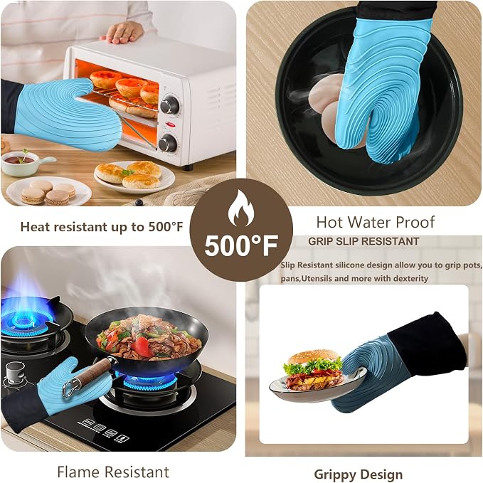 Silicone Oven Mitts-13.6 in Extended Oven Mitts Heat Resistant 500F, Oven Gloves with Soft Liner Good Grippy BPA-Free Easy to Clean Flexible-Oven Mits Set for Cooking Baking Grilling BBQ