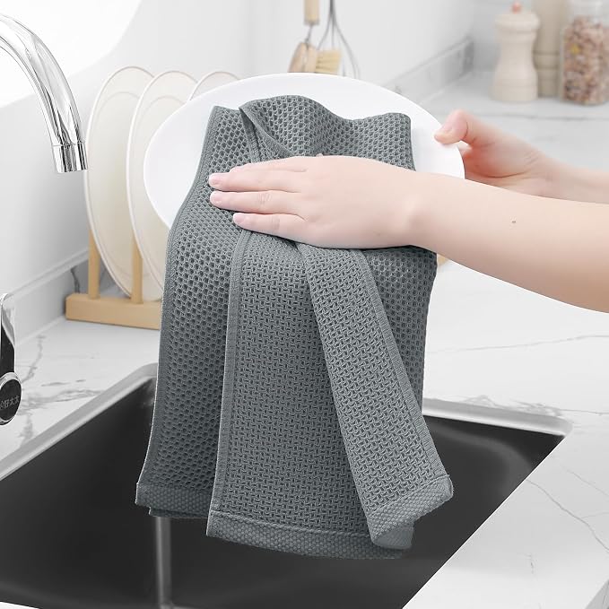 Homaxy 100% Cotton Waffle Weave Kitchen Dish Towels 4-Pack, Grey | 13 x 28 Inches, Ultra Soft Absorbent Dish Towels, Quick Drying Cleaning Towels